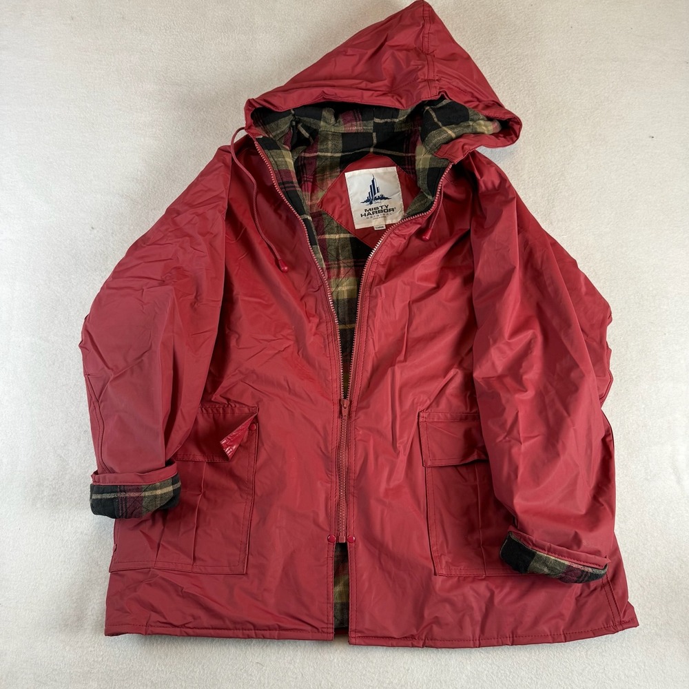 90s Misty Harbor Original Mens Red Hooded Rain Jacket Plaid Flannel Lined Large